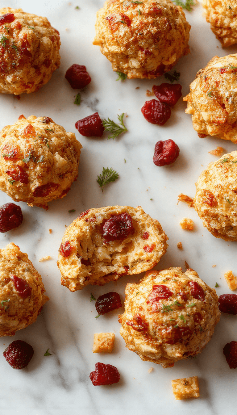 Colorful cranberry turkey stuffing balls arranged on a white plate garnished with fresh herbs, showcasing crispy golden exterior and vibrant red cranberries inside, styled on a rustic wooden surface with sprigs of thyme for a festive presentation.