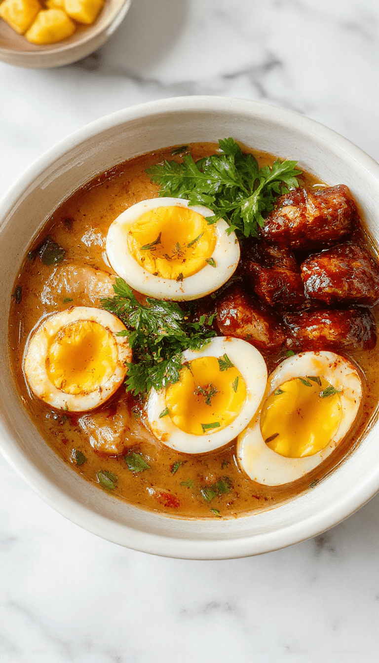A vibrant ramen bowl featuring a rich broth topped with soft-boiled eggs, colorful fresh greens, and handmade dumplings. The dish is arranged on a rustic wooden table, showcasing textures from the tender dumplings to crisp greens, with a garnish of sliced scallions and sesame seeds for visual appeal.