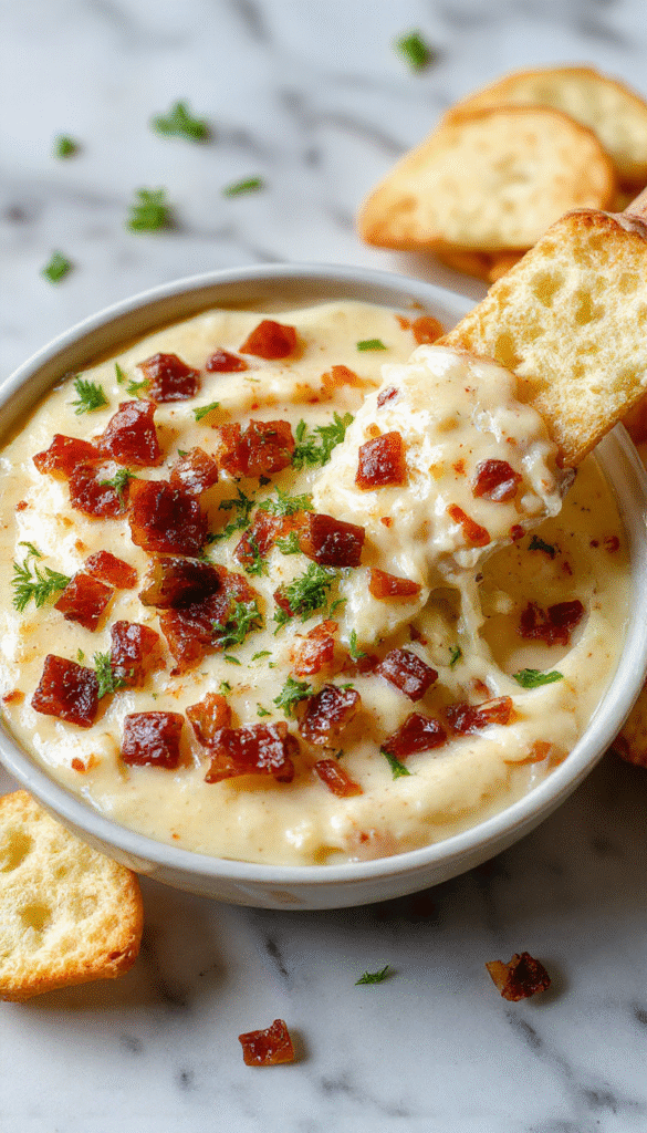 A creamy, golden cheese dip topped with crispy bacon bits and a drizzle of maple syrup, served in a rustic white bowl garnished with fresh herbs, with crunchy baguette slices and apple wedges on a wooden platter, textured surface, vibrant colors, inviting presentation.