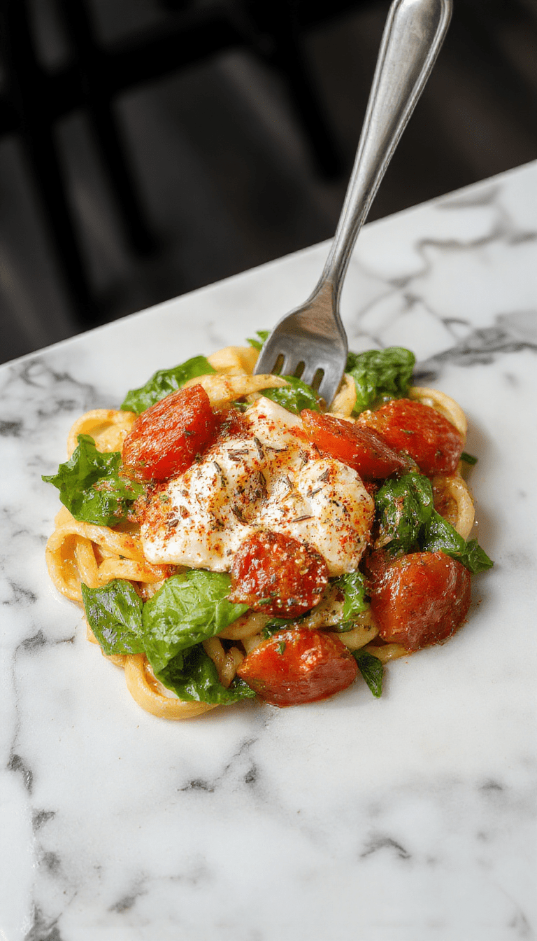 A vibrant plate of spinach tomato pasta showcasing bright green spinach leaves, juicy red tomato slices, and perfectly cooked al dente pasta. The dish is garnished with fresh herbs and sprinkled with grated cheese, all presented on a rustic white plate with a colorful background.