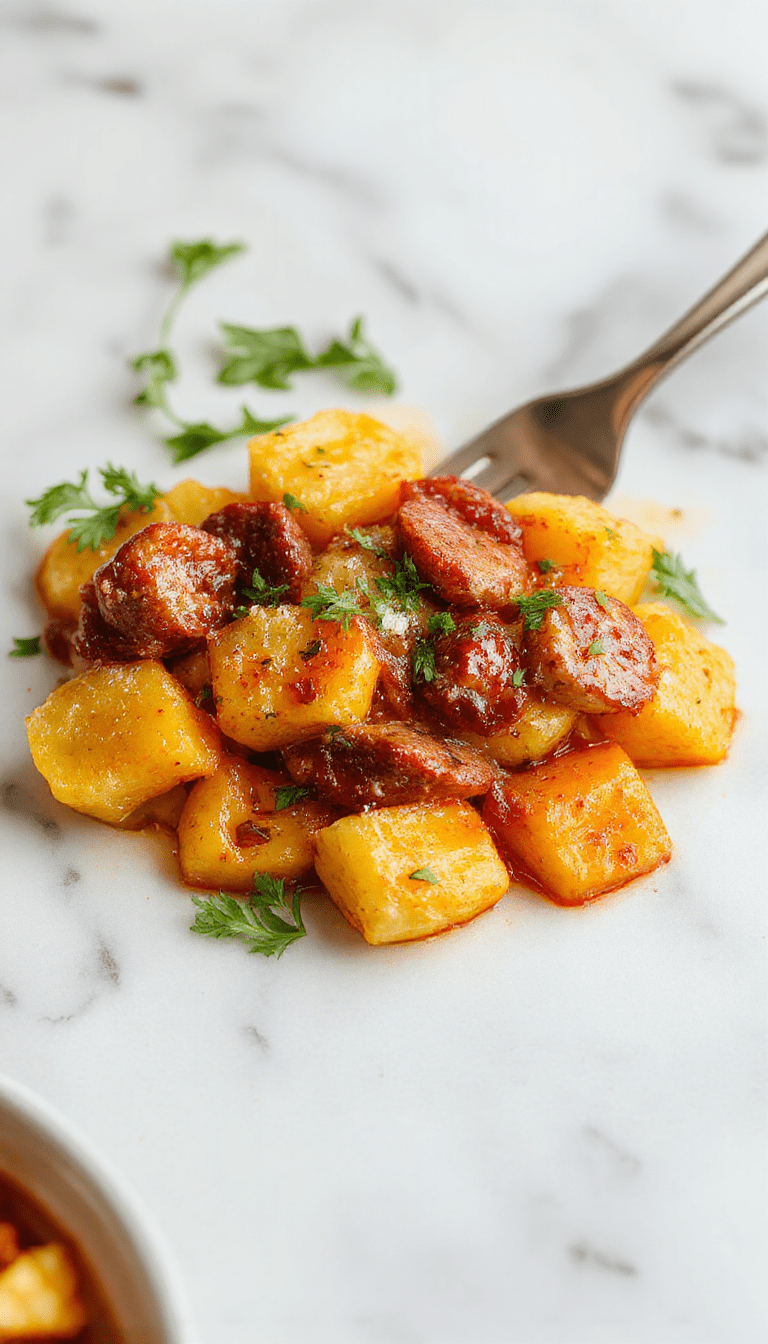 A plated serving of creamy butternut squash gnocchi topped with browned sausage slices, garnished with fresh herbs. The gnocchi are fluffy, coated in a rich orange sauce, and arranged artfully on a white ceramic plate with a rustic background, emphasizing warm fall tones and inviting textures.