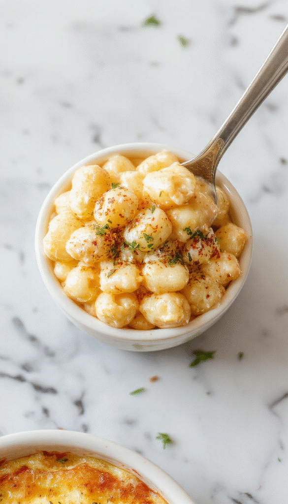 A vibrant bowl of creamy homemade mac and cheese with golden-brown topping, served on a rustic wooden table, garnished with fresh herbs and black pepper, capturing a cozy and inviting meal with glossy pasta and cheesy sauce textures.