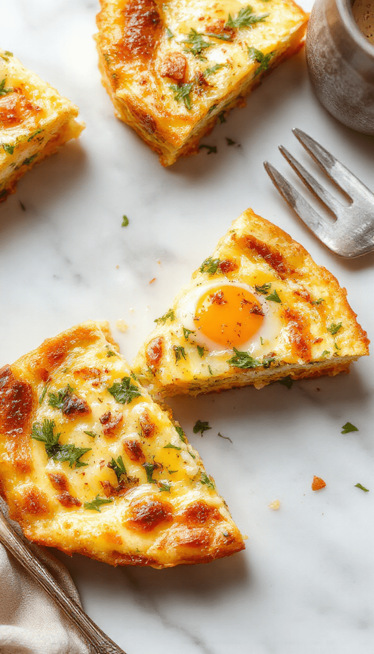 A served slice of breakfast quiche on a white plate, showcasing a golden-brown crust filled with fluffy eggs, melted cheese, spinach, and ham. Bright natural lighting highlights the slightly crispy edges, with a sprinkle of herbs on top. The background features fresh ingredients like cherry tomatoes and herbs, styled simply for an inviting breakfast scene.