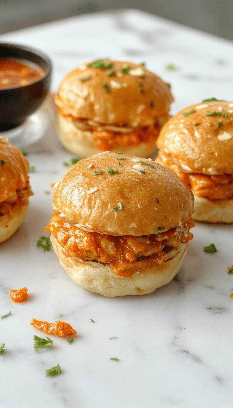 A close-up of vibrant buffalo chicken sliders on a platter, topped with creamy ranch dressing and crunchy celery, served on soft slider buns with a colorful side salad in the background.