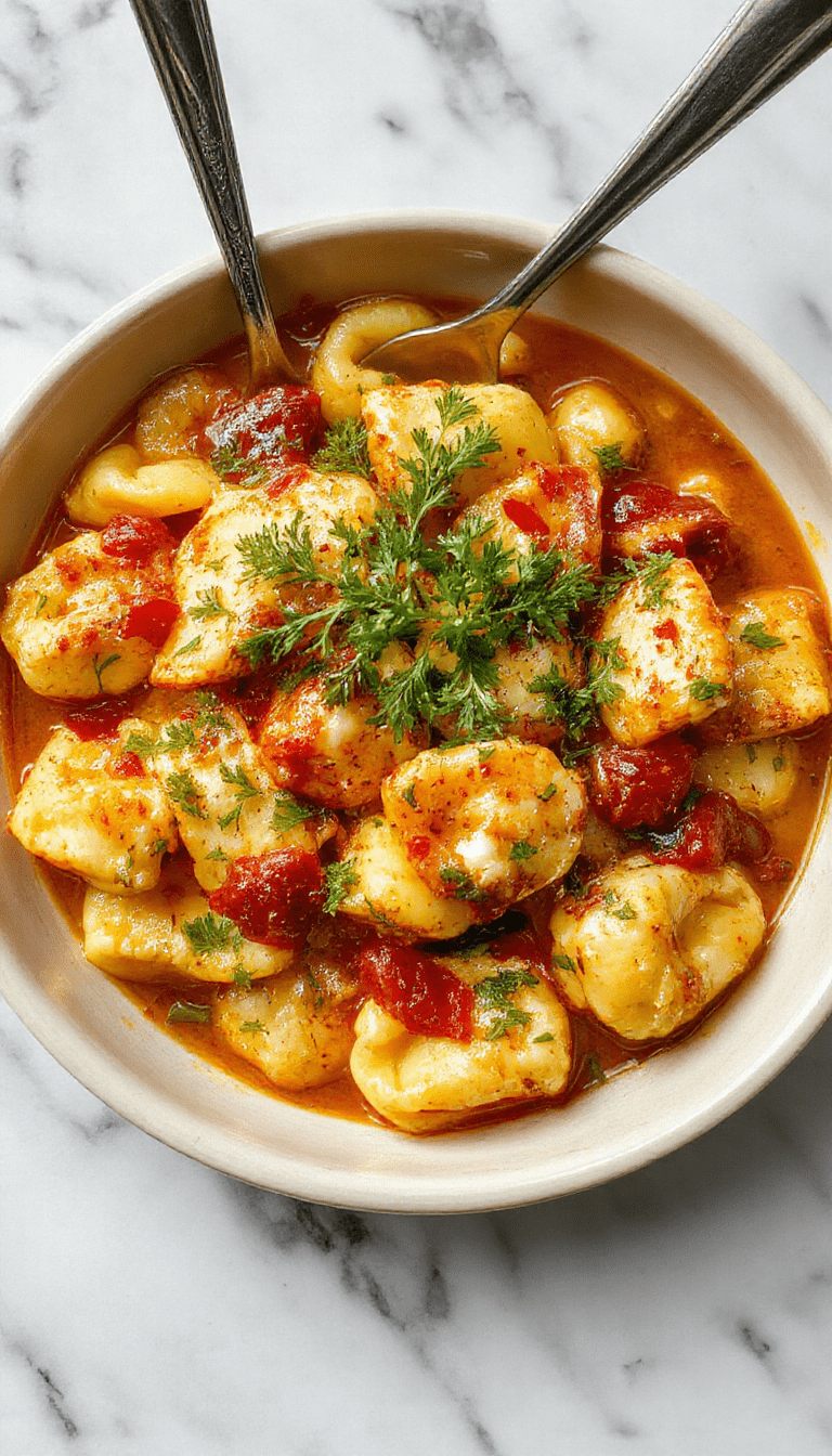 A vibrant bowl of creamy spicy garlic butter chicken tortellini garnished with chopped parsley, featuring golden-brown chicken pieces, tender tortellini coated in a rich sauce, sprinkled with red pepper flakes, all plated on a rustic white dish with fresh herbs on a dark wooden table background.