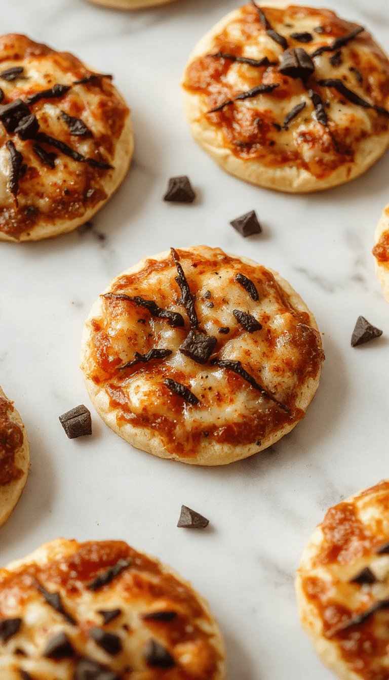 Colorful mini pizzas with spooky face designs using black olive, pepperoni, and cheese on a round pizza crust, arranged on a festive Halloween-themed platter with orange and black decorations in the background, showcasing crispy edges and gooey melted cheese.