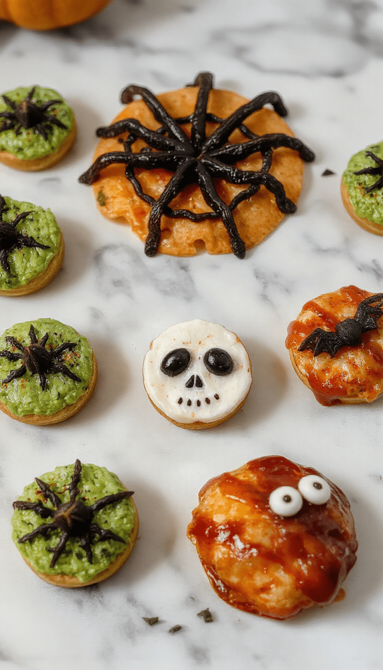 A vibrant Halloween-themed platters with creatively shaped appetizers featuring orange, black, and green colors. The dishes include spooky skulls, eyeball deviled eggs, pumpkin-shaped cheese balls, and creepy fingers made from breadsticks and almonds. The presentation is playful and inviting, with themed decorations like mini pumpkins, spider webs, and ghost accents on a black slate surface.