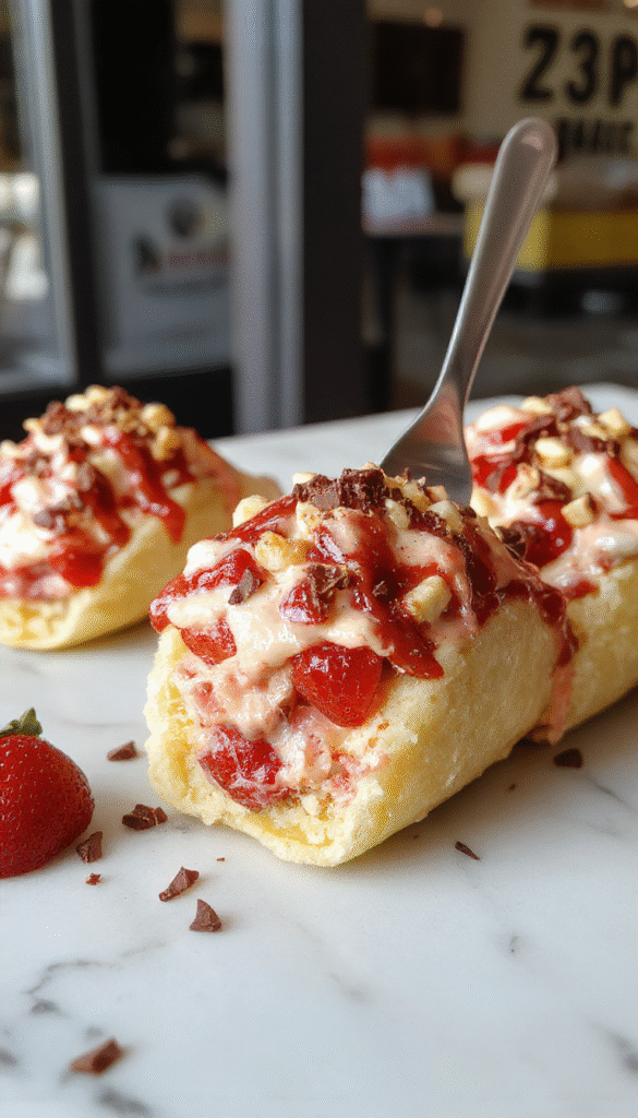 Colorful close-up of strawberry crunch cheesecake tacos arranged on a white plate with fresh strawberries and mint leaves, showcasing the creamy filling, crunchy topping, and vibrant red strawberries, styled attractively with natural lighting highlighting textures.