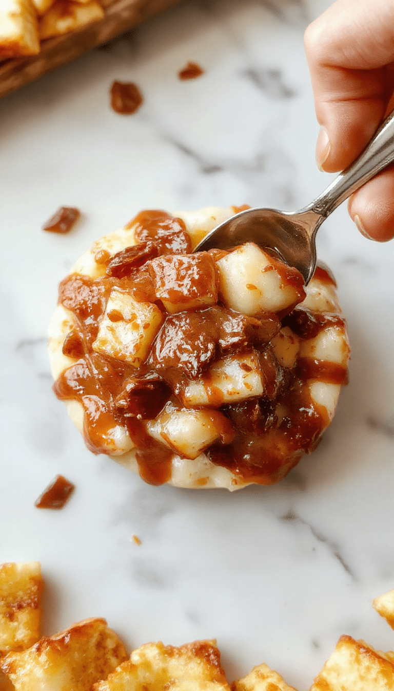 A close-up shot of a creamy caramel-colored apple toffee dip served in a rustic bowl, topped with chopped nuts and apple slices on a wooden platter, surrounded by caramel sauce drizzle and sprinkled with cinnamon, styled with fresh apple slices and a honey dipper for a cozy, inviting look.