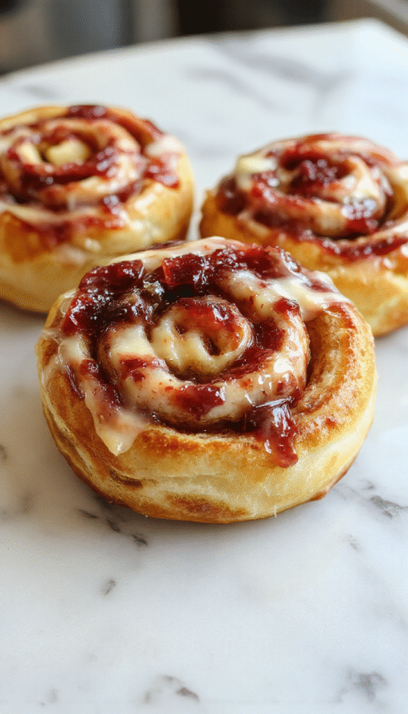 Golden-brown swirl buns topped with a glossy glaze, showcasing swirls of creamy cheese filling and vibrant red currant jam in a flaky, soft pastry, styled on a rustic wooden board with a knife and scattered currants around