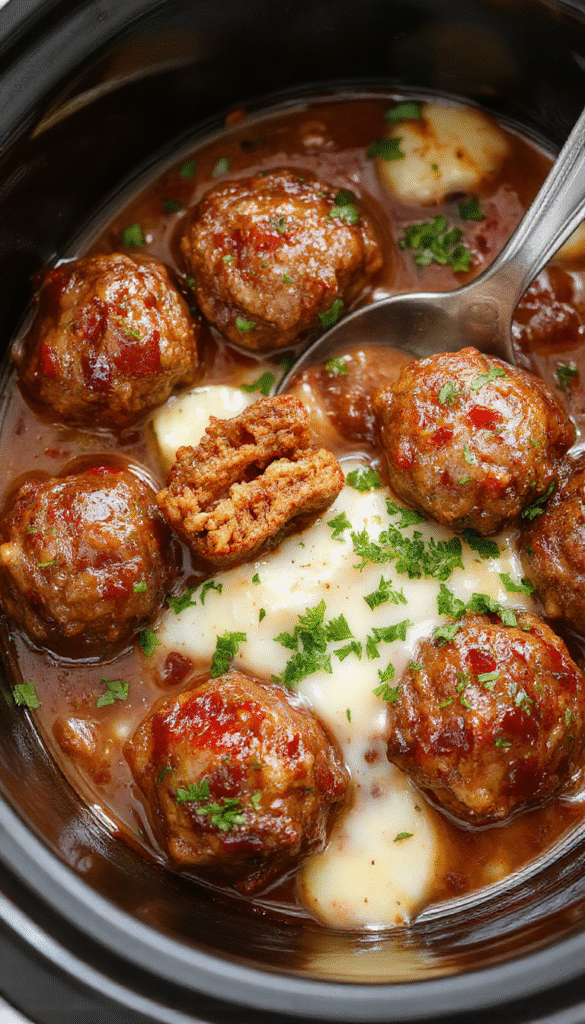 A close-up shot of glossy, tender meatballs coated in vibrant red sweet chili sauce, perfectly plated on a white dish garnished with chopped green onions and sesame seeds, set against a rustic wooden table with a small bowl of additional sauce nearby.