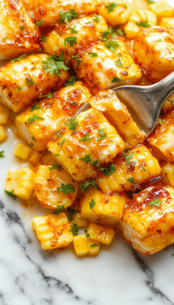 A vibrant skillet filled with perfectly cooked golden yellow corn kernels glazed with glossy honey butter, garnished with fresh green herbs, served on a rustic wooden table with a sprinkle of fresh herbs on top, showcasing a warm, inviting, and flavorful appearance.