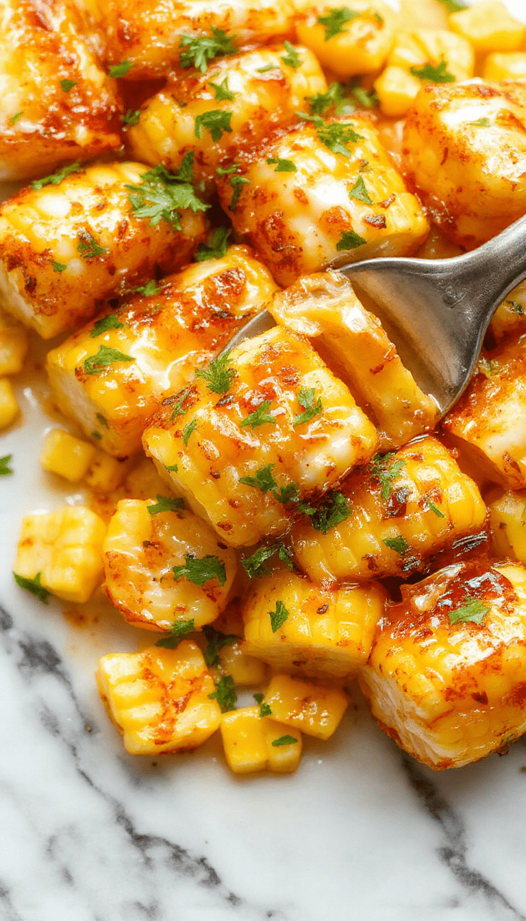 A vibrant skillet filled with perfectly cooked golden yellow corn kernels glazed with glossy honey butter, garnished with fresh green herbs, served on a rustic wooden table with a sprinkle of fresh herbs on top, showcasing a warm, inviting, and flavorful appearance.