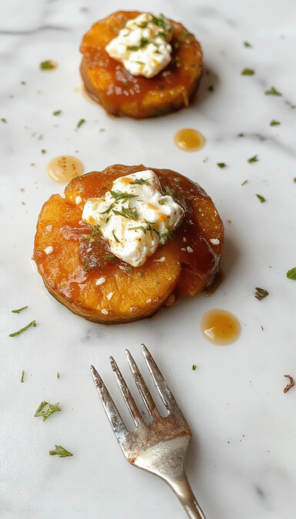 Colorful roasted sweet potato rounds topped with crumbled feta cheese and drizzled with golden honey, arranged neatly on a rustic white platter, garnished with fresh herbs. The vibrant orange sweet potatoes contrast beautifully with the white feta and honey glaze, creating an inviting and appetizing presentation with a textured, crispy surface and a glossy finish.