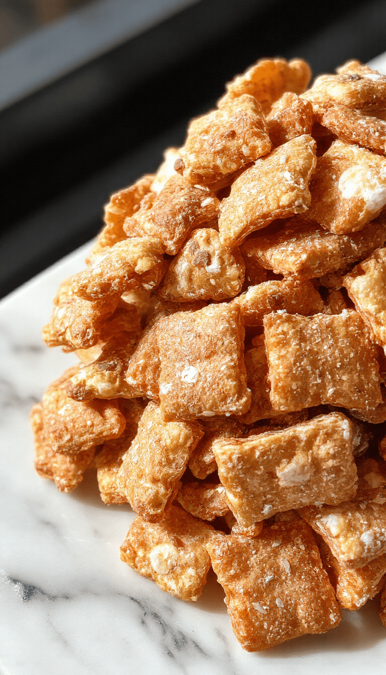 A colorful bowl of crispy Chex mix coated in glossy caramel and toffee, sprinkled with sea salt, surrounded by a rustic wooden table, with a golden drizzle of melted toffee on top.