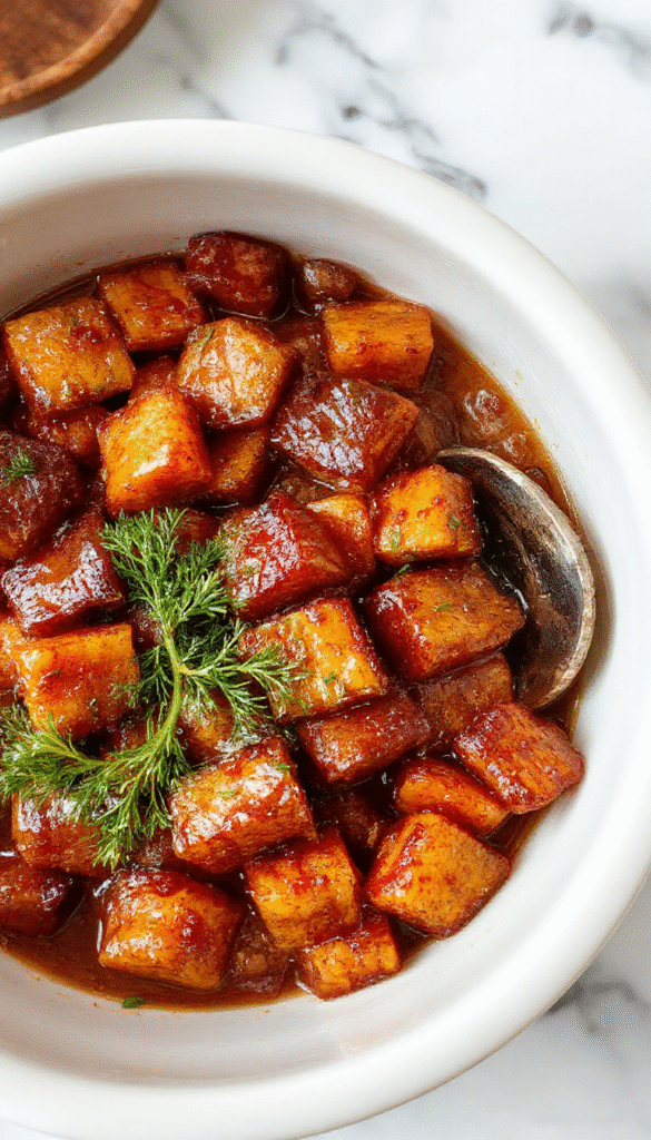 A serving of glazed carrots on a white plate, showcasing vibrant orange color with a glossy maple and brown sugar glaze, garnished with fresh herbs, styled on rustic wooden table with a cozy kitchen background