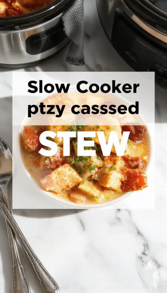 Colorful crockpot filled with hearty beef and vegetable stew topped with fresh herbs, served alongside crusty bread slices, vibrant ingredients showing textures of tender meat, colorful carrots, potatoes, and green beans, styled on a rustic wooden table with a cozy kitchen background.