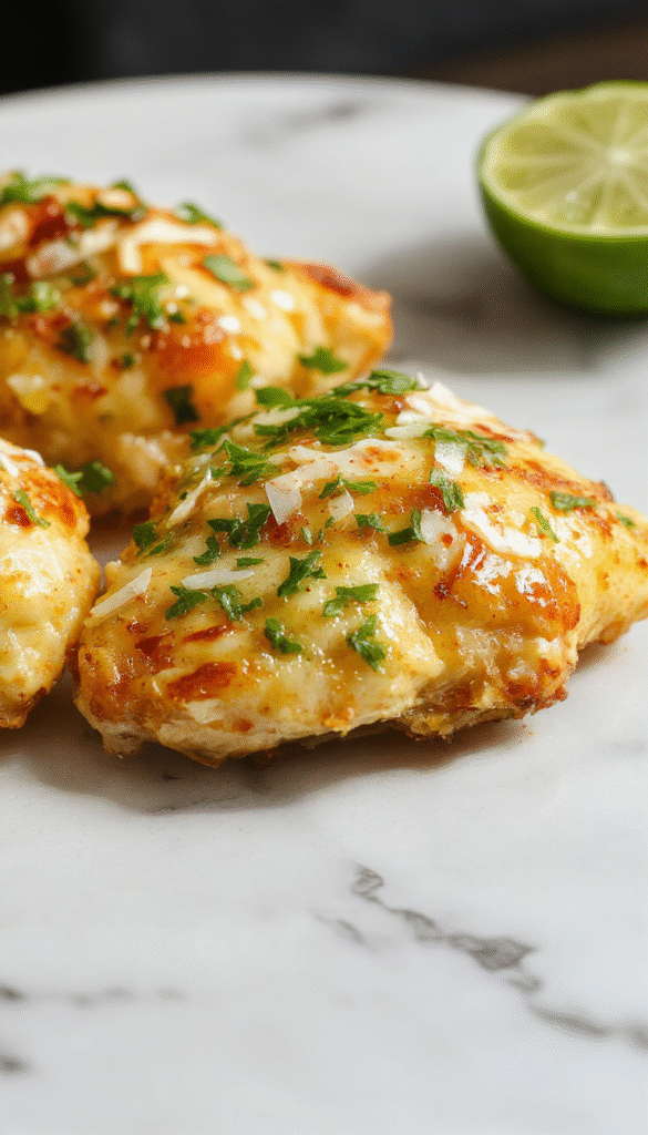 Colorful plated coconut lime chicken dish showcasing tender shredded chicken coated in a creamy coconut sauce with vibrant lime wedges and fresh herbs, garnished with shredded coconut and lime zest, set on a rustic wooden table with tropical accents and a bright summer ambiance.