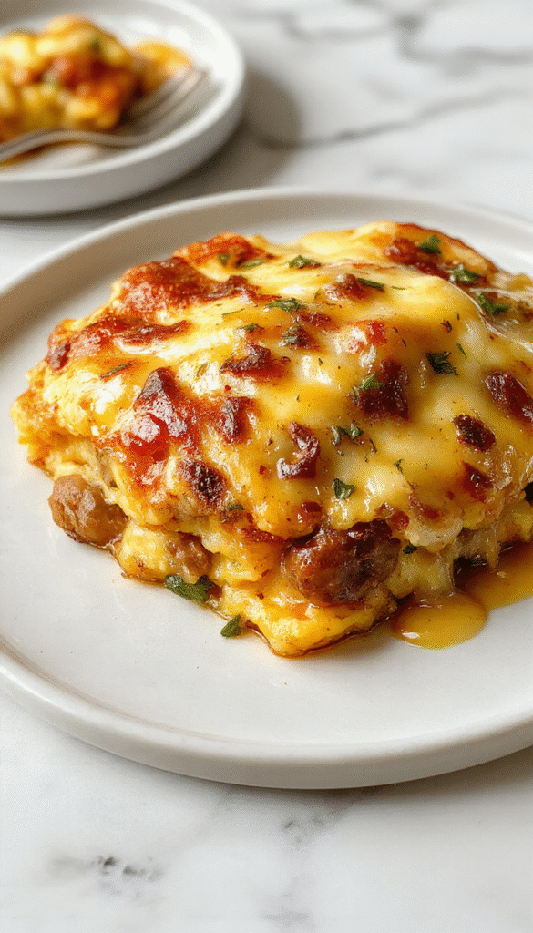 Colorful breakfast casserole featuring golden-brown pancakes layered with cooked sausage, topped with melted cheese, garnished with fresh herbs, served in a rustic baking dish on a white wooden table.
