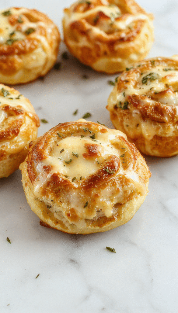A close-up image showcasing a golden-brown cheesy pull apart bread with gooey melted cheese stretching between the soft, flaky layers. The bread is garnished with herbs and served on a rustic wooden board, capturing an inviting and indulgent atmosphere.