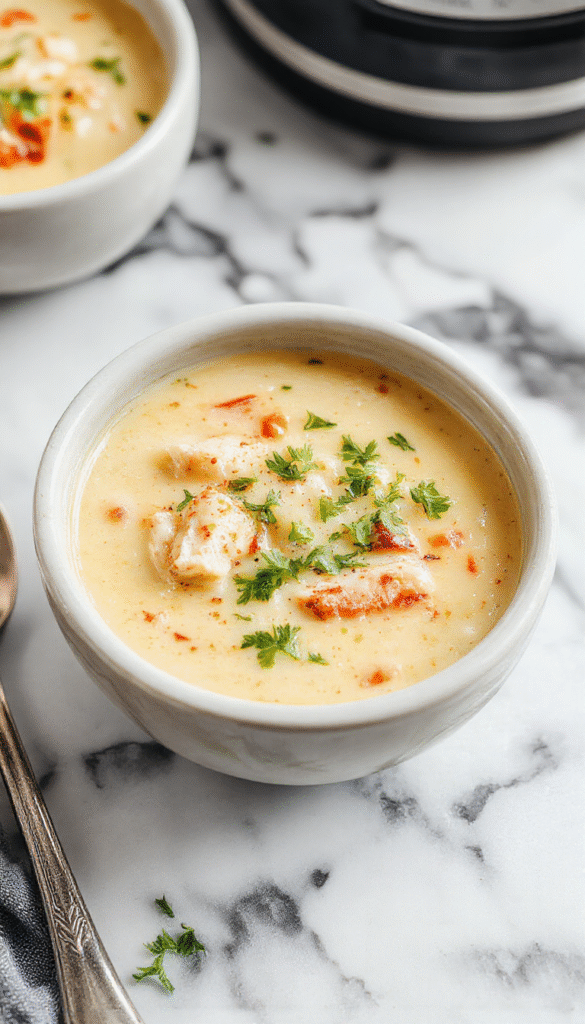 A steaming bowl of creamy Cajun chicken soup garnished with chopped green onions and red peppers, showcasing tender chicken pieces in a rich, vibrant orange-red broth with a smooth, velvety texture, served on a rustic wooden table with a side of crusty bread