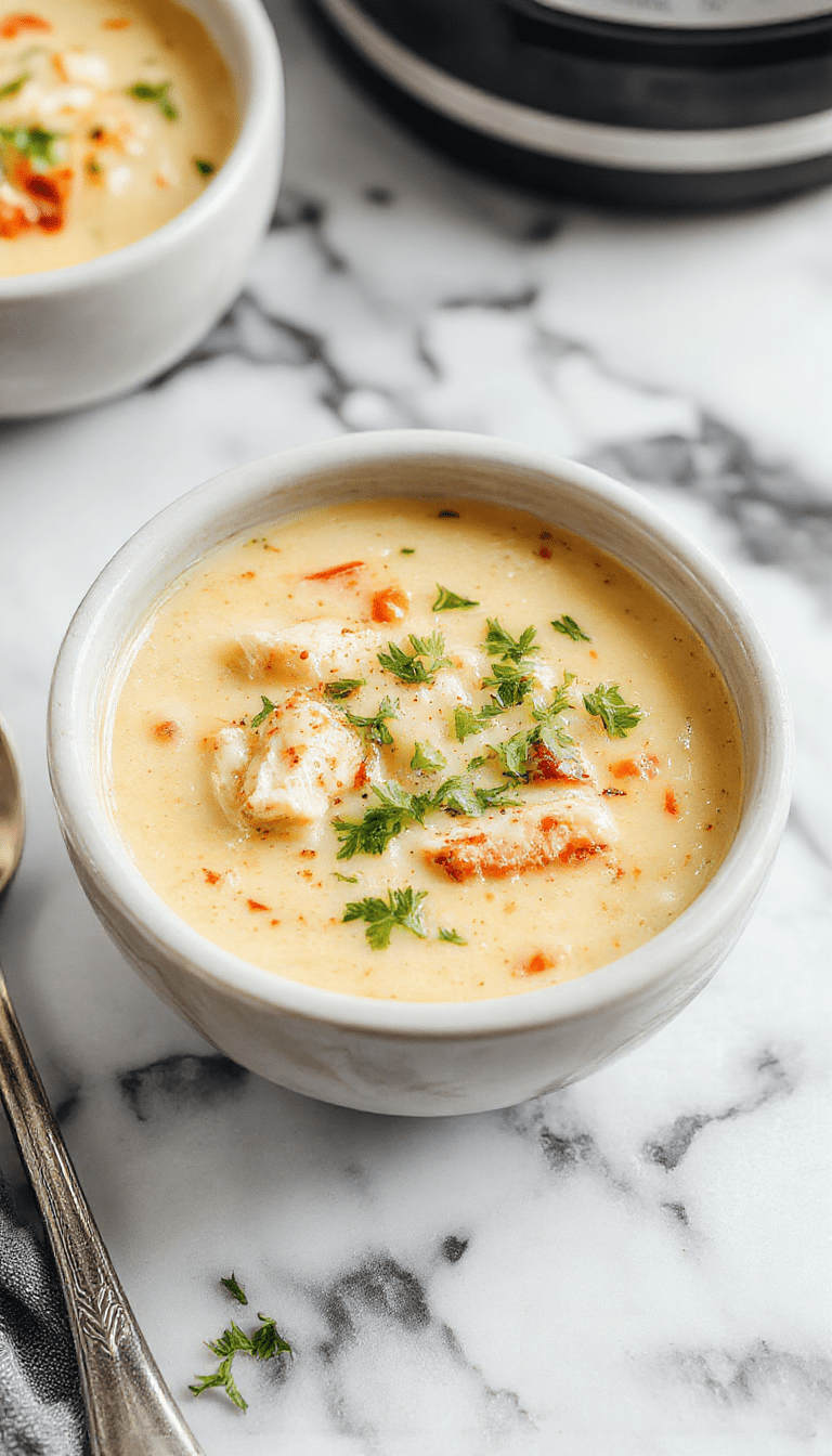 A steaming bowl of creamy Cajun chicken soup garnished with chopped green onions and red peppers, showcasing tender chicken pieces in a rich, vibrant orange-red broth with a smooth, velvety texture, served on a rustic wooden table with a side of crusty bread