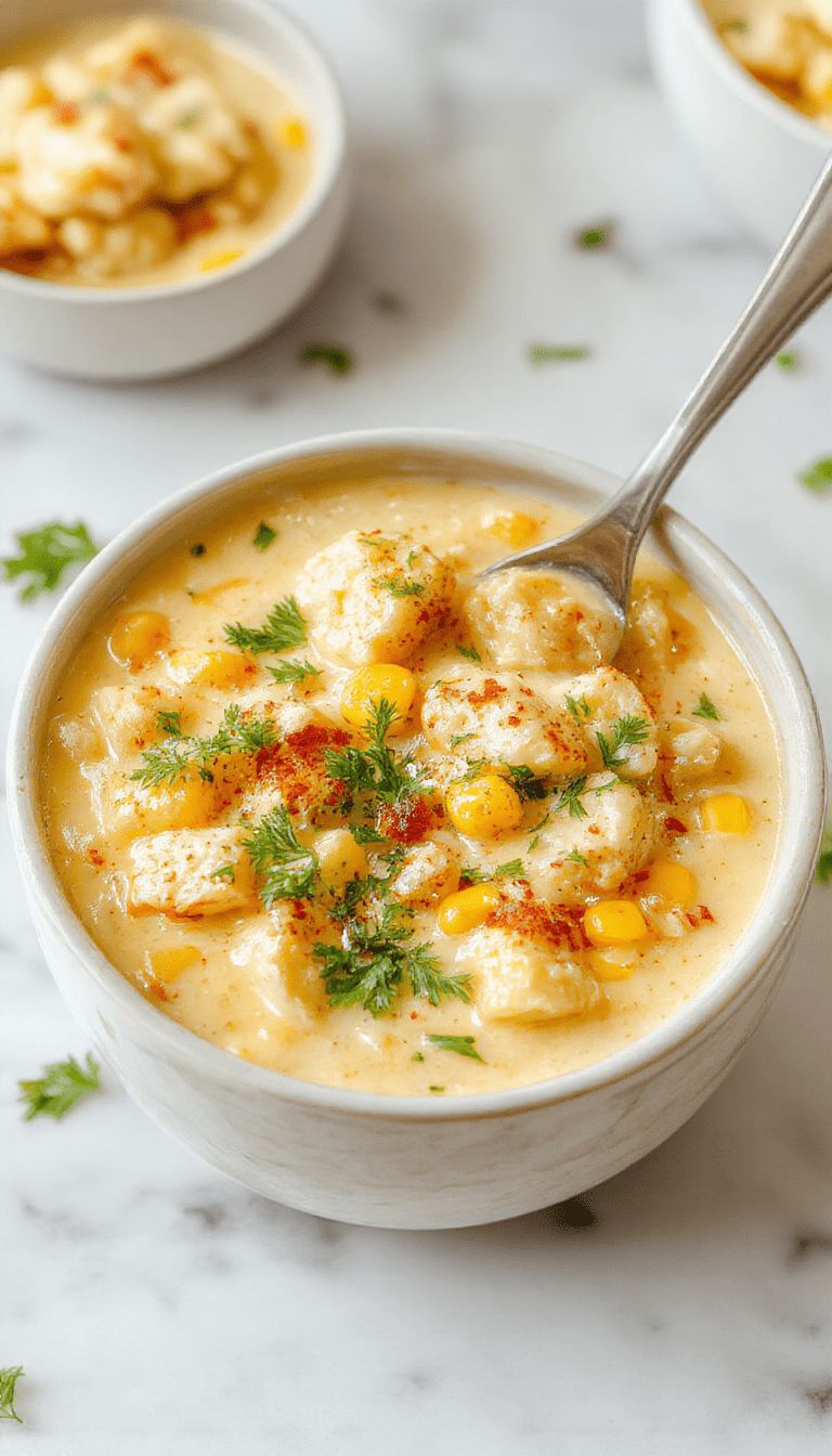 A vibrant bowl of creamy chicken corn chowder featuring chunks of tender chicken, golden corn kernels, and a smooth, velvety broth, garnished with fresh herbs on a rustic wooden table with a spoon for serving.