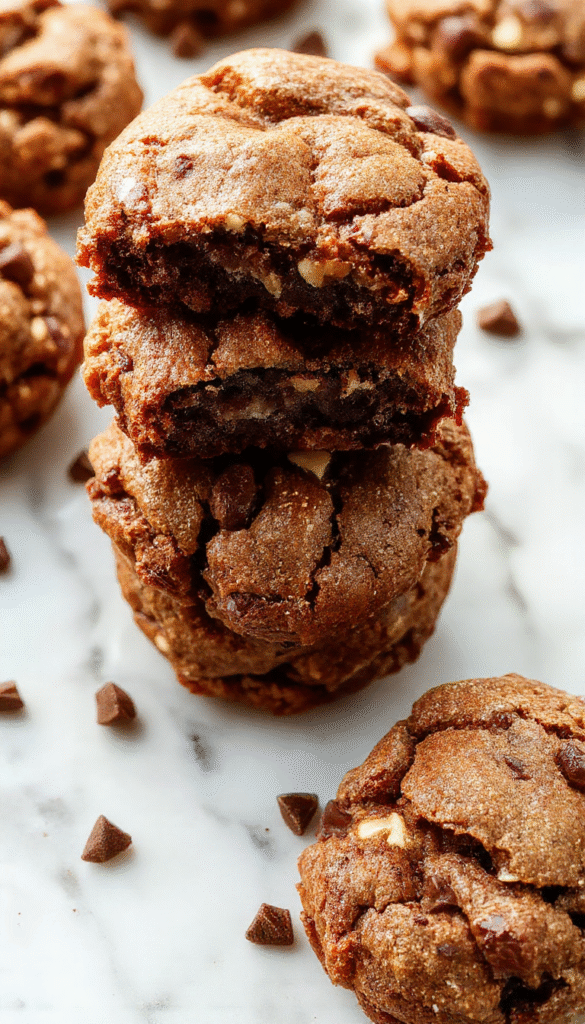 A close-up of a rich, fudgy chewy brookies dessert cut into squares, showing a glossy chocolate top crust with a soft, dense interior. The bars are arranged on a rustic wooden board, with one piece slightly pulled out to reveal the melt-in-your-mouth texture, accented by a drizzle of chocolate and a sprinkle of sea salt on top.