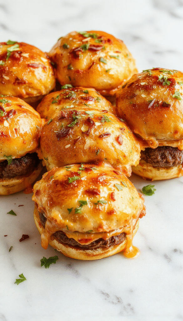 A vibrant platter of assorted sliders arranged on a wooden serving board, featuring juicy beef patties, cheesy chicken, and vegetarian options with fresh toppings and buns, garnished with sprigs of parsley and side bowls of dipping sauces, styled for a casual game day setting with colorful background elements.