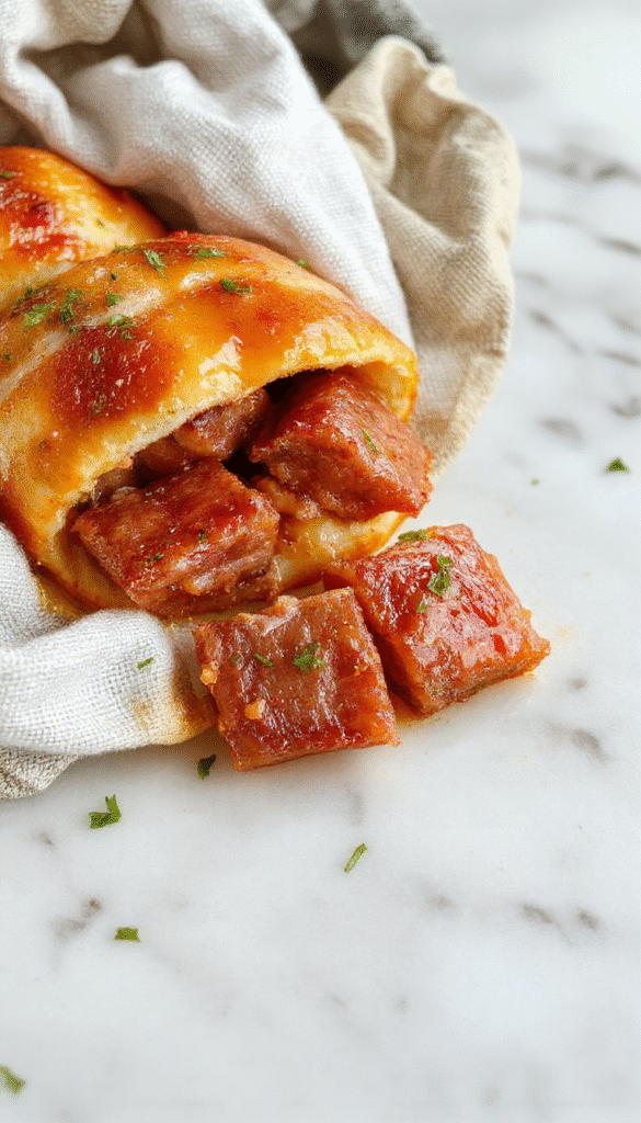 Golden-brown pigs in a blanket on a white plate, served with dips, flaky puff pastry wrapped around juicy sausages, garnished with fresh herbs, steaming hot and inviting