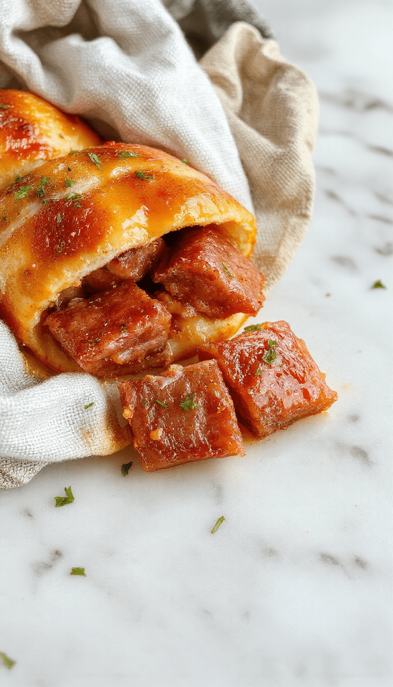 Golden-brown pigs in a blanket on a white plate, served with dips, flaky puff pastry wrapped around juicy sausages, garnished with fresh herbs, steaming hot and inviting