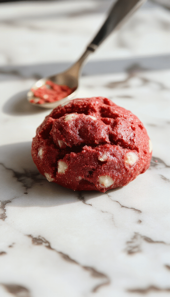 A vibrant red velvet edible cookie dough served in a clear glass bowl, topped with white chocolate chips and a sprinkle of cocoa powder, displayed on a rustic wooden surface with a spoon beside it. The texture looks creamy and slightly chunky from the chocolate chips, with a rich red hue contrasting with the white toppings.