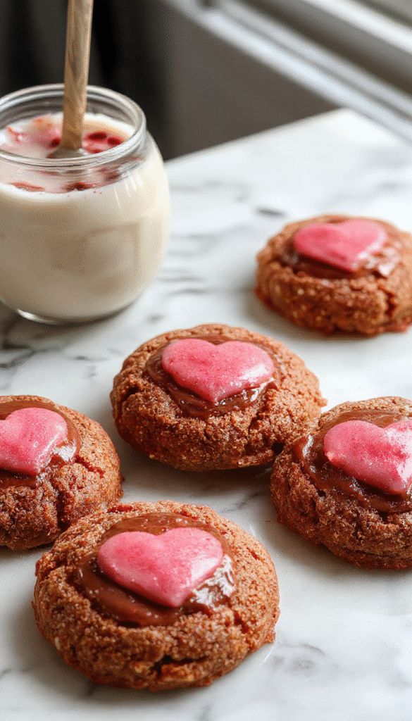 A beautifully arranged plate of Valentine ganache cookies with glossy chocolate ganache on top, adorned with heart-shaped sprinkles and red decorating accents, set on a rustic wooden surface with soft lighting highlighting their shiny texture and rich color.