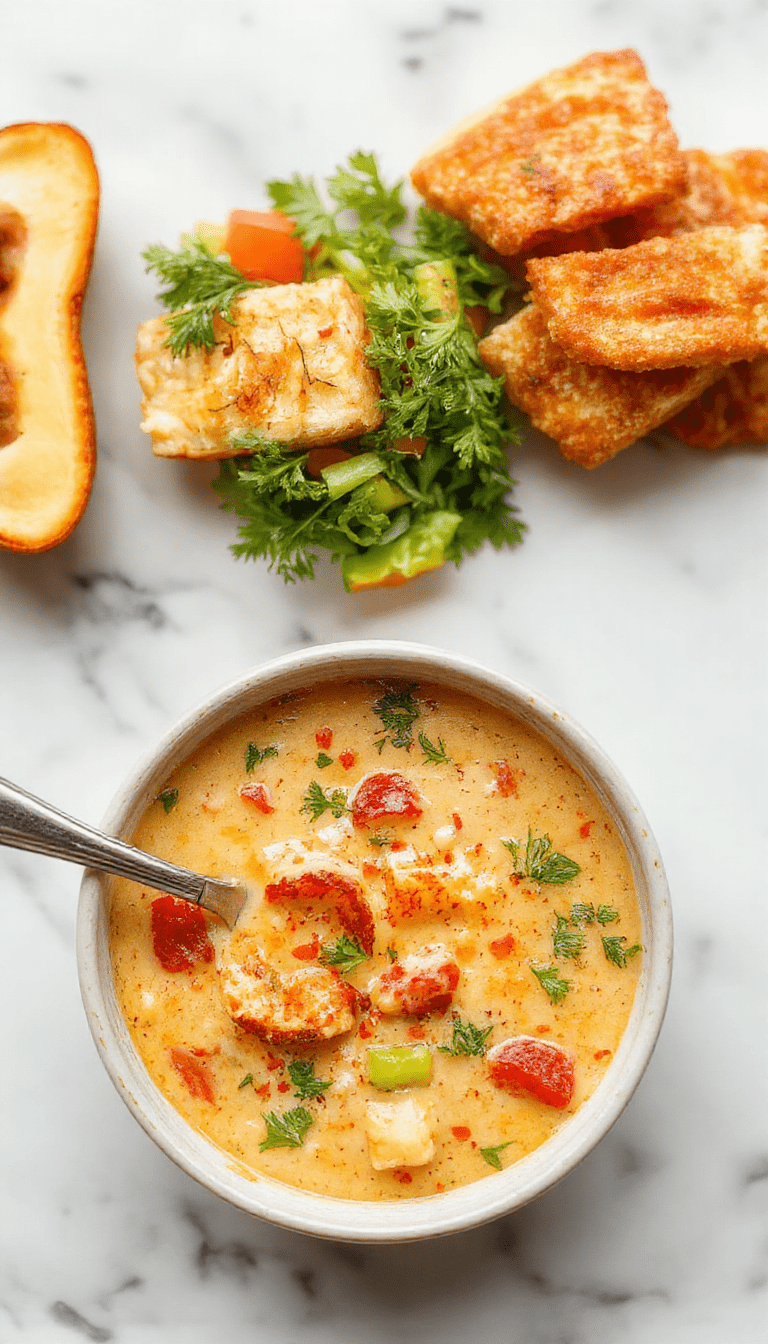 A vibrant bowl of creamy vegetable soup featuring orange carrots, green spinach, and white potatoes, topped with herbs, served in a rustic white bowl on a wooden surface with fresh vegetables in the background