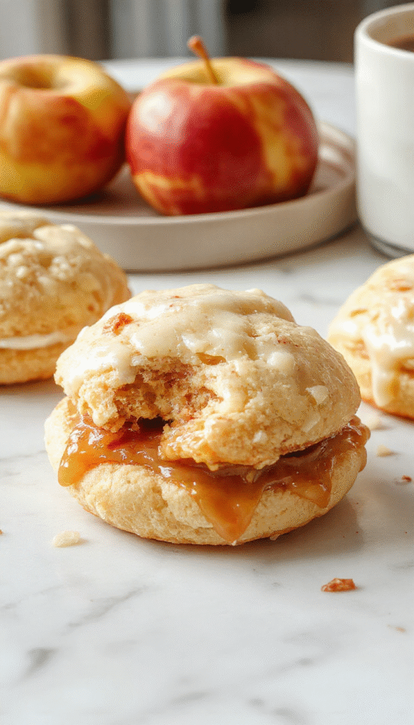 A close-up of two golden-brown apple cider whoopie pies with a creamy filling, placed on a rustic wooden plate, garnished with cinnamon sticks and apple slices, with a fall-themed background featuring warm tones and soft lighting.