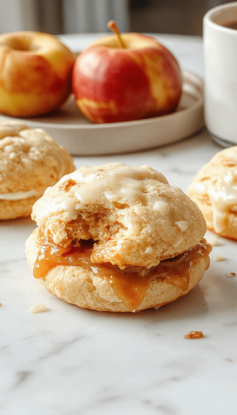 A close-up of two golden-brown apple cider whoopie pies with a creamy filling, placed on a rustic wooden plate, garnished with cinnamon sticks and apple slices, with a fall-themed background featuring warm tones and soft lighting.