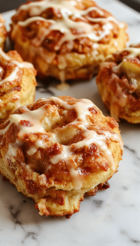 A beautifully plated apple kringle featuring golden-brown flaky pastry filled with tender apple slices, topped with a glossy vanilla glaze and garnished with a sprinkling of cinnamon. The vibrant warm tones of the baked pastry contrast with the smooth, shiny glaze, presented on a rustic white plate with a soft-focus background of autumn leaves and a cinnamon stick for added seasonal ambiance.