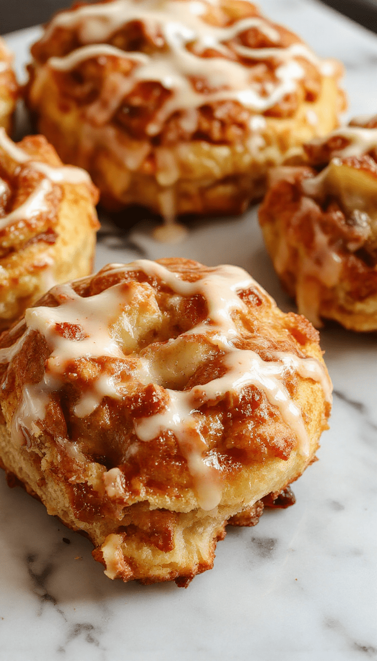 A beautifully plated apple kringle featuring golden-brown flaky pastry filled with tender apple slices, topped with a glossy vanilla glaze and garnished with a sprinkling of cinnamon. The vibrant warm tones of the baked pastry contrast with the smooth, shiny glaze, presented on a rustic white plate with a soft-focus background of autumn leaves and a cinnamon stick for added seasonal ambiance.