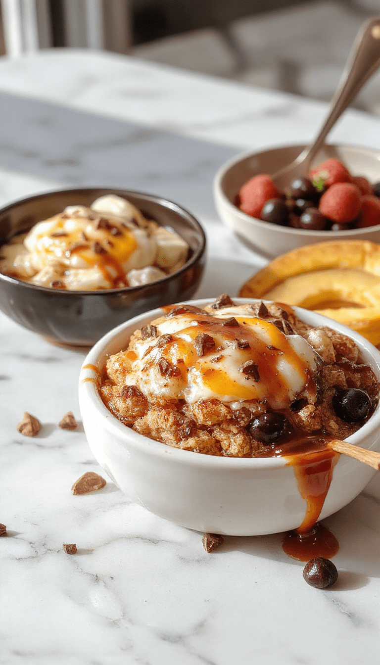 A vibrant breakfast spread featuring colorful bowls of oatmeal topped with fresh berries and sliced bananas, beside a glass of green smoothie, all arranged on a rustic wooden table with natural lighting highlighting the fresh ingredients and textures.