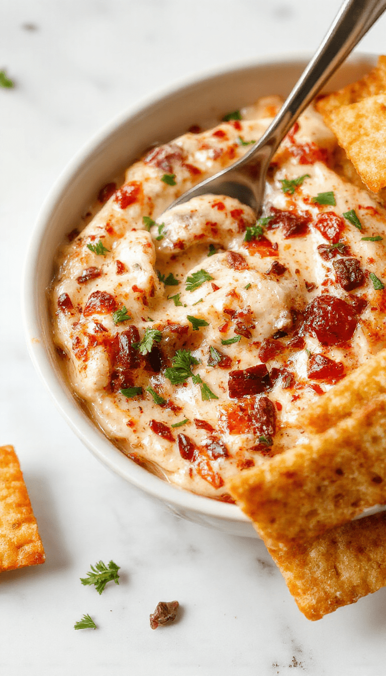A vibrant bowl of football dip in the center, topped with shredded cheese and chopped herbs. Surrounding it are crispy tortilla chips with some dipped into the creamy dip, displayed on a rustic wooden table with football-themed decorations and a football in the background.