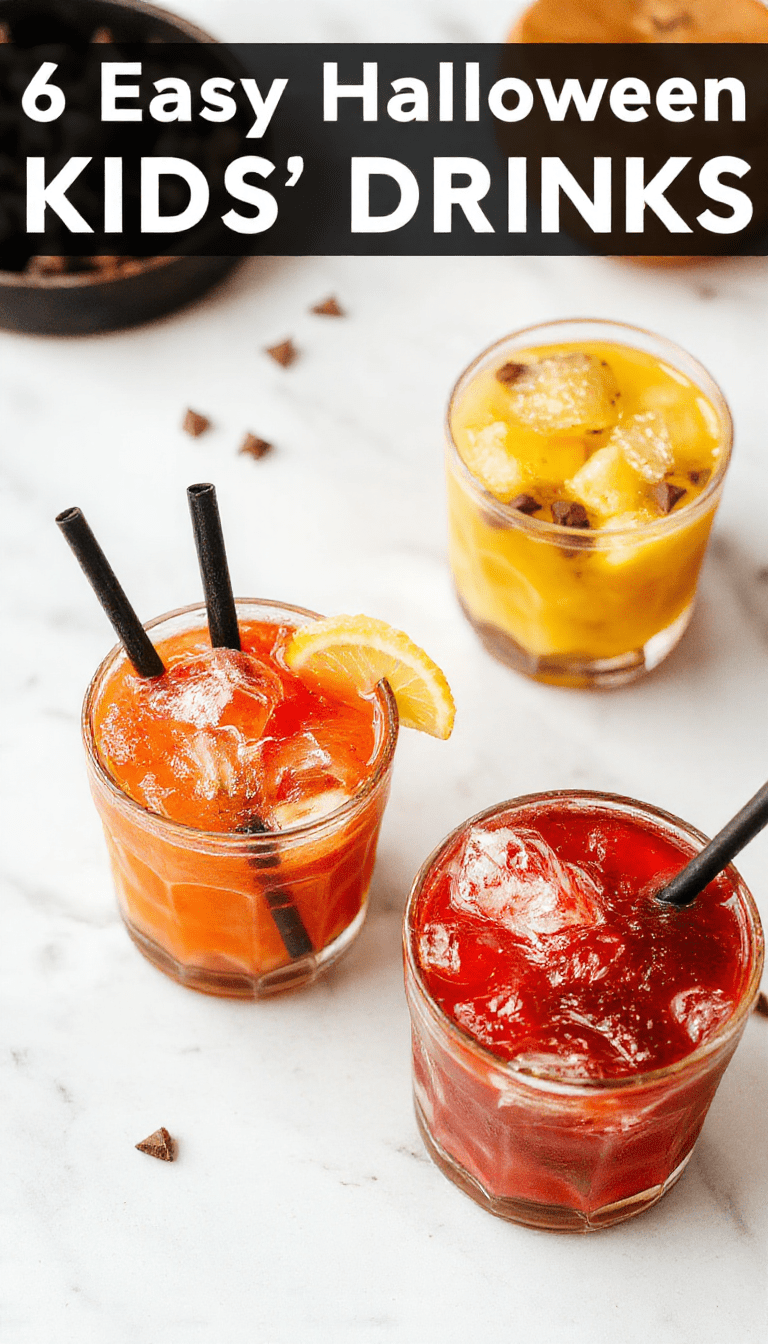 Colorful Halloween-themed drinks arranged on a table with festive decorations. The drinks are vibrant orange, green, and purple in clear glasses adorned with themed straws, eye-catching umbrellas, and gummy candies. The backdrop features a spooky Halloween setting with cobwebs, small pumpkins, and moon-shaped accents, creating a fun and playful atmosphere suitable for kids' parties.
