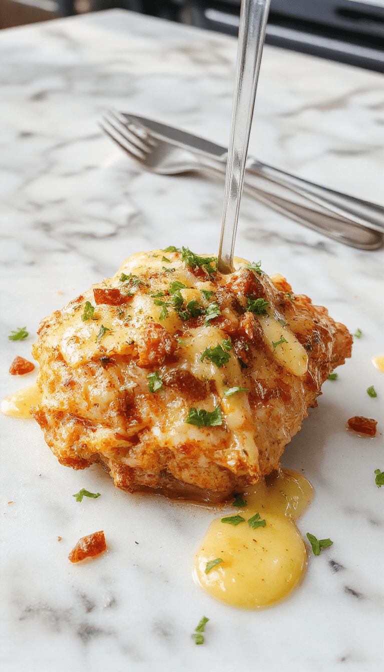 A close-up of a beautifully plated Alice Springs Chicken dish featuring crispy golden-brown chicken topped with melted cheese, crispy bacon pieces, and finely chopped green herbs. The plate showcases vibrant colors with the chicken resting on a bed of creamy sauce, garnished with fresh parsley, creating an inviting, appetizing look.
