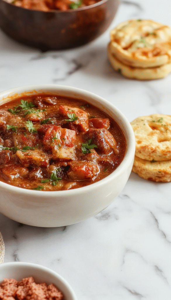 A steaming bowl of rich, ruby-red German Goulash garnished with fresh herbs, served with rustic bread on a dark wooden table, showcasing tender beef chunks, vegetables, and a glossy, flavorful sauce.