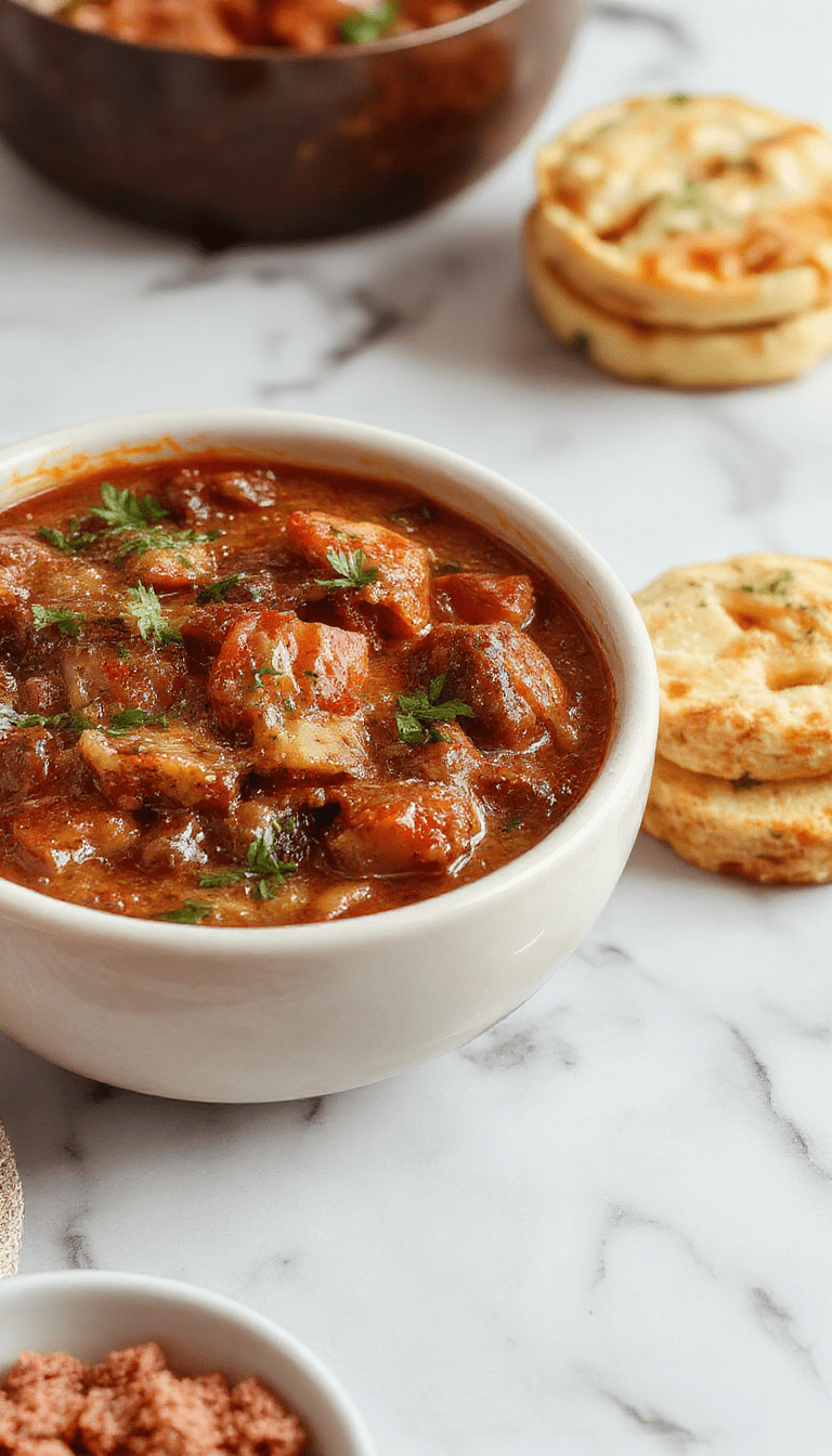 A steaming bowl of rich, ruby-red German Goulash garnished with fresh herbs, served with rustic bread on a dark wooden table, showcasing tender beef chunks, vegetables, and a glossy, flavorful sauce.