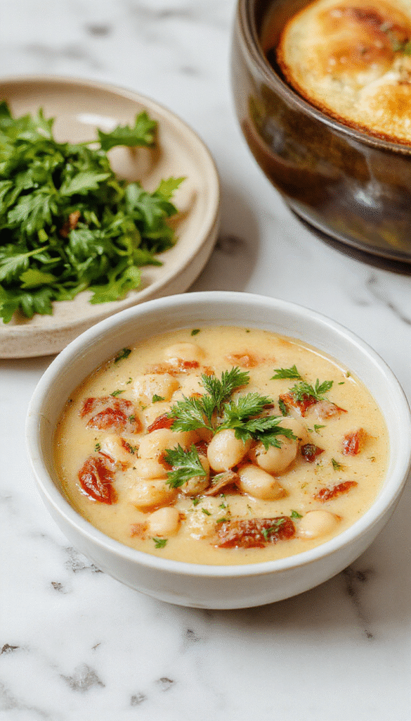 A vibrant bowl of Tuscan white bean soup showcasing creamy white beans, chopped herbs, and drizzled olive oil on a rustic wooden table, garnished with fresh parsley and served with crusty bread.