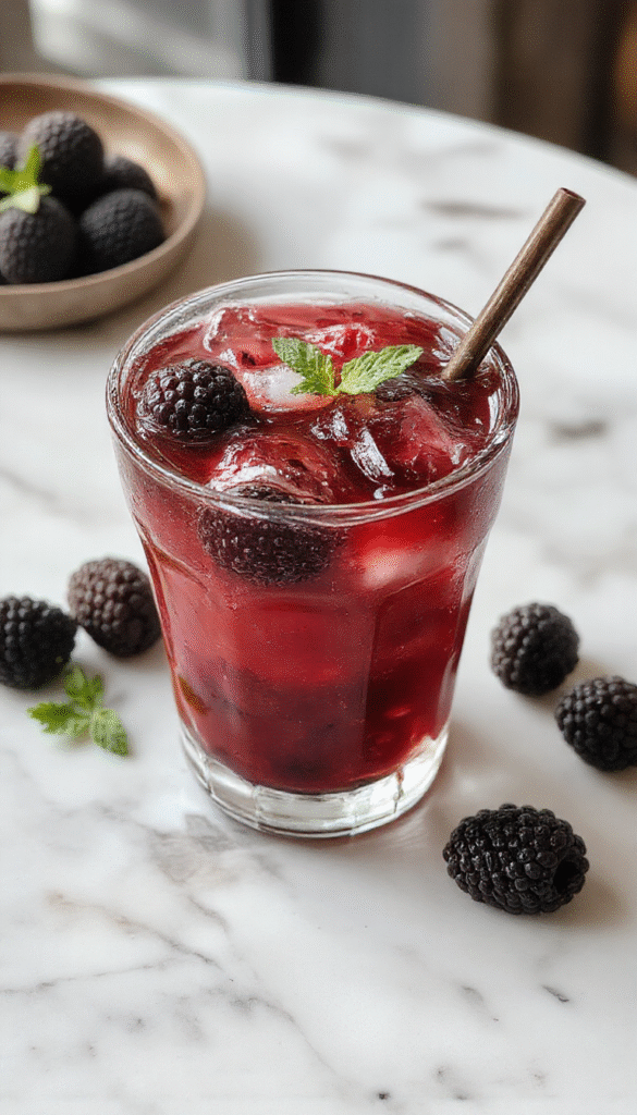 A vibrant and colorful Blackberry Rum Cocktail The Raven served in a chilled glass with fresh blackberries and a sprig of mint. The drink has a deep purple hue with a frosty surface, garnished with sliced blackberries and a lime wedge. The background features a sophisticated bar setting with soft lighting, emphasizing the glossy textures of the fruit and the shimmering rum mix.