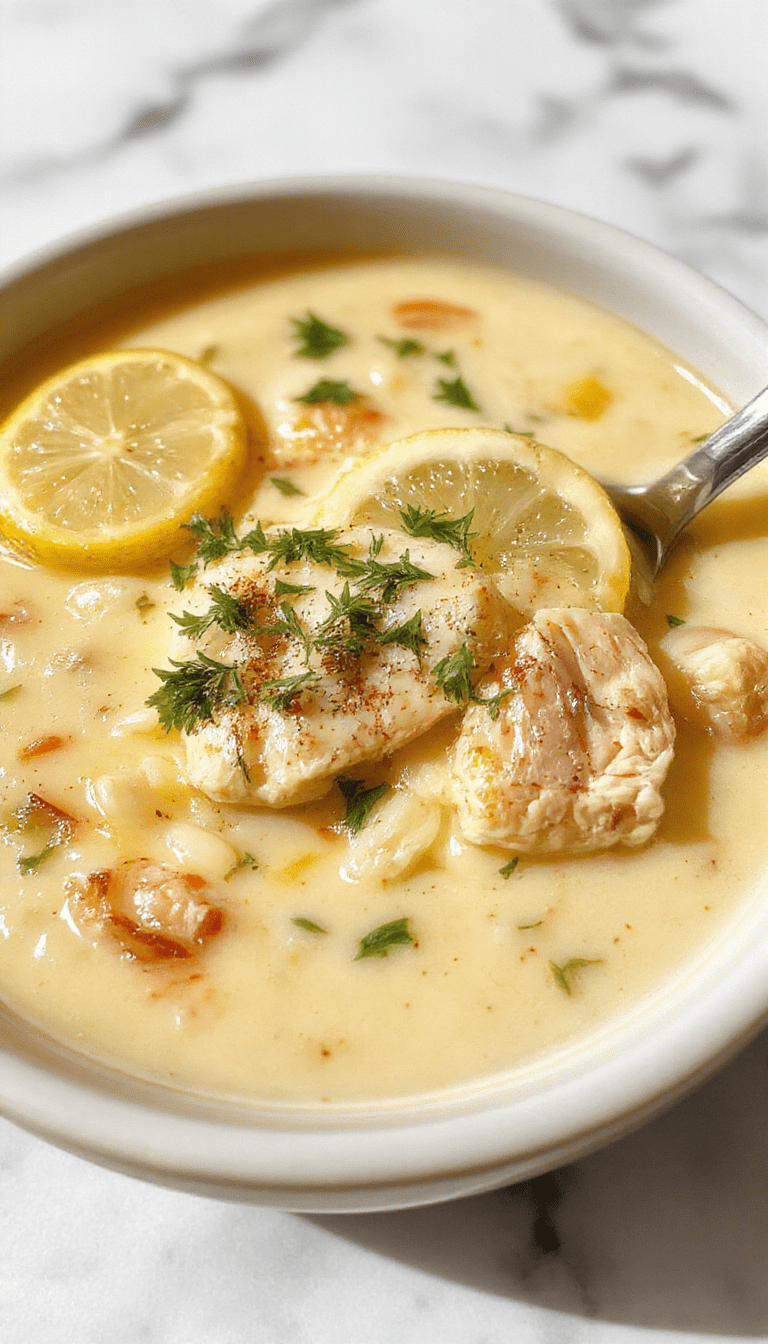 A warm, vibrant bowl of lemon chicken orzo soup featuring tender shredded chicken, plump orzo pasta, bright yellow lemon slices, and fresh herbs, garnished with a sprinkle of black pepper and served in a rustic white bowl against a wooden table