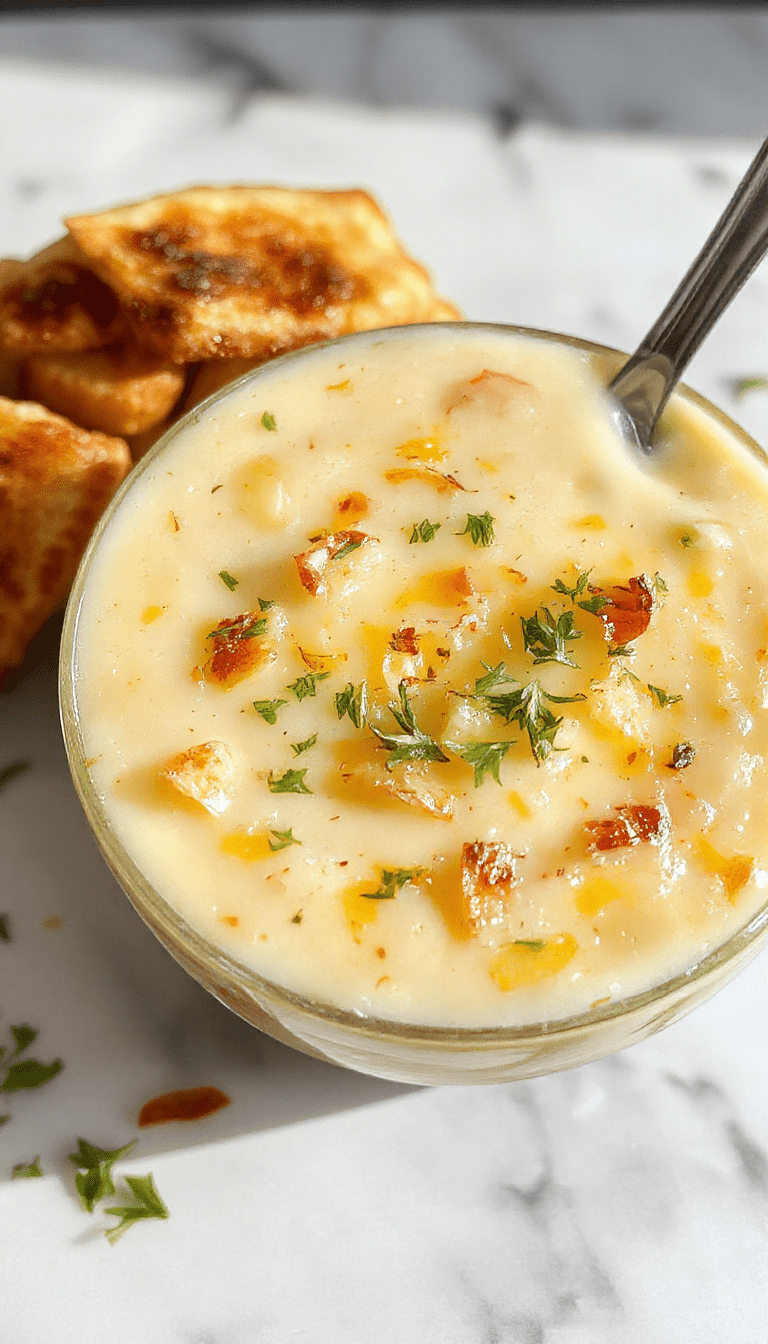 A bowls of rich cheddar garlic herb potato soup topped with shredded cheese, fresh herbs, and a dollop of sour cream. The vibrant yellow and golden hues of the soup contrast with the green parsley and crispy bread crumbs on top, with steam gently rising from the bowls, styled on a rustic wooden table with rustic spoon and napkin backdrop.