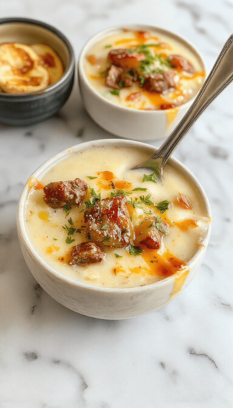 A bowl of rich cheesesteak potato soup topped with melted cheese, diced steak, and chopped green onions, served with crusty bread on a rustic wooden table.