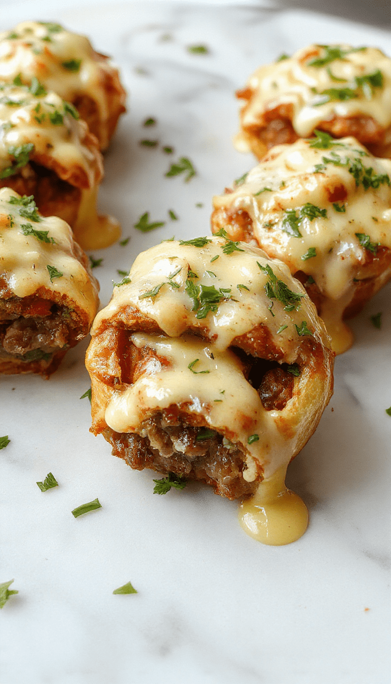 Golden-brown cheeseburger rollups drizzled with garlic butter, sliced to reveal gooey melted cheese and seasoned beef filling, plated on a rustic wooden board with fresh herbs and crispy edges.